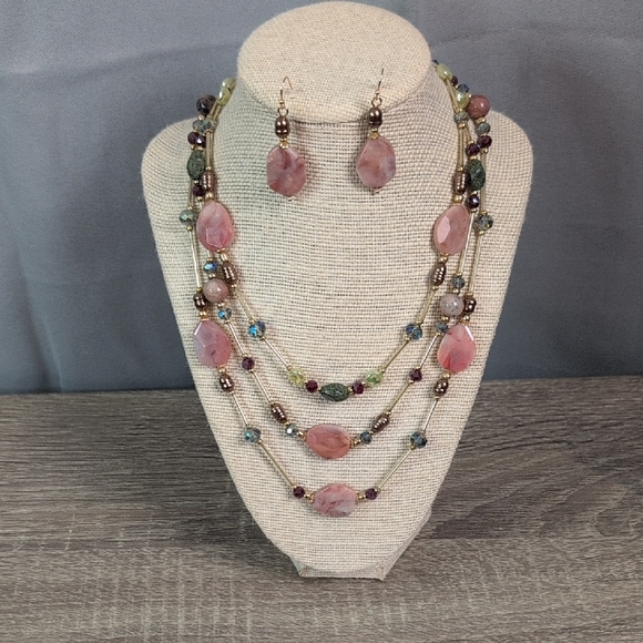 Pink and Gold Multi-Strand Necklace with Vintage Charm - Picture 1 of 12